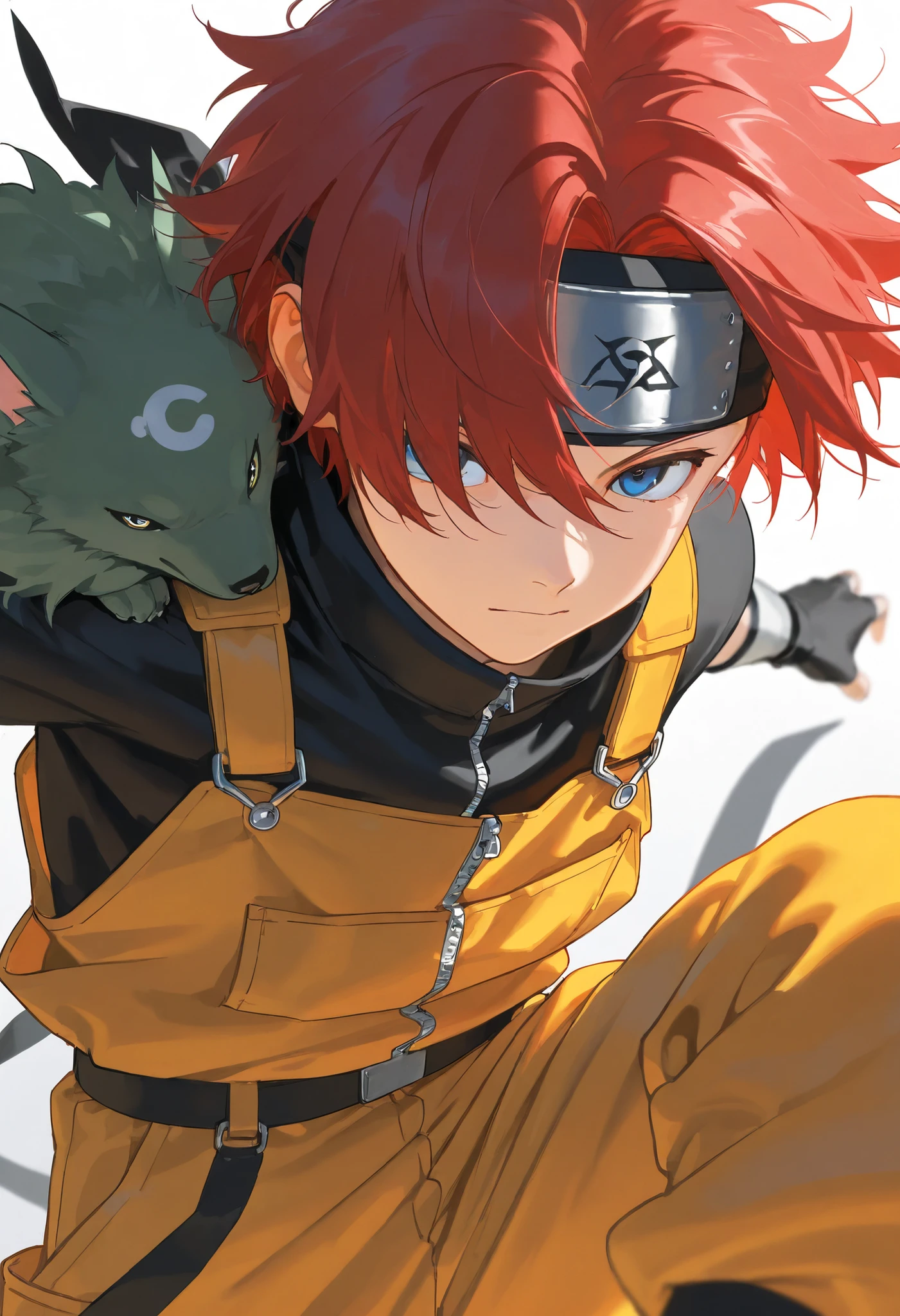 score_9, score_8_above, score_7_above, score_6_above, \(quality\), 1male, long red hair, tied tuck, fluffy hair, hair over eye, blue eyes, taller frame, wearing a orange and yellow overalls, oversized baggy pants, ninja bandana on the shoulder, Colored_NarutoManga_ownwaifu
