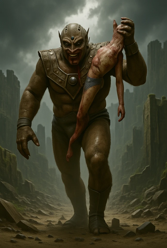 masterpiece, best quality, realistic, ultra detailed, sexy, homoerotic, (giant cyclops), muscular, messy hair, extremely tiny sheer white loincloth, bulge, roaring at relatively smaller human male, skulls and bones on the floor, in cave, perfect fingers, perfect hands, perfection
