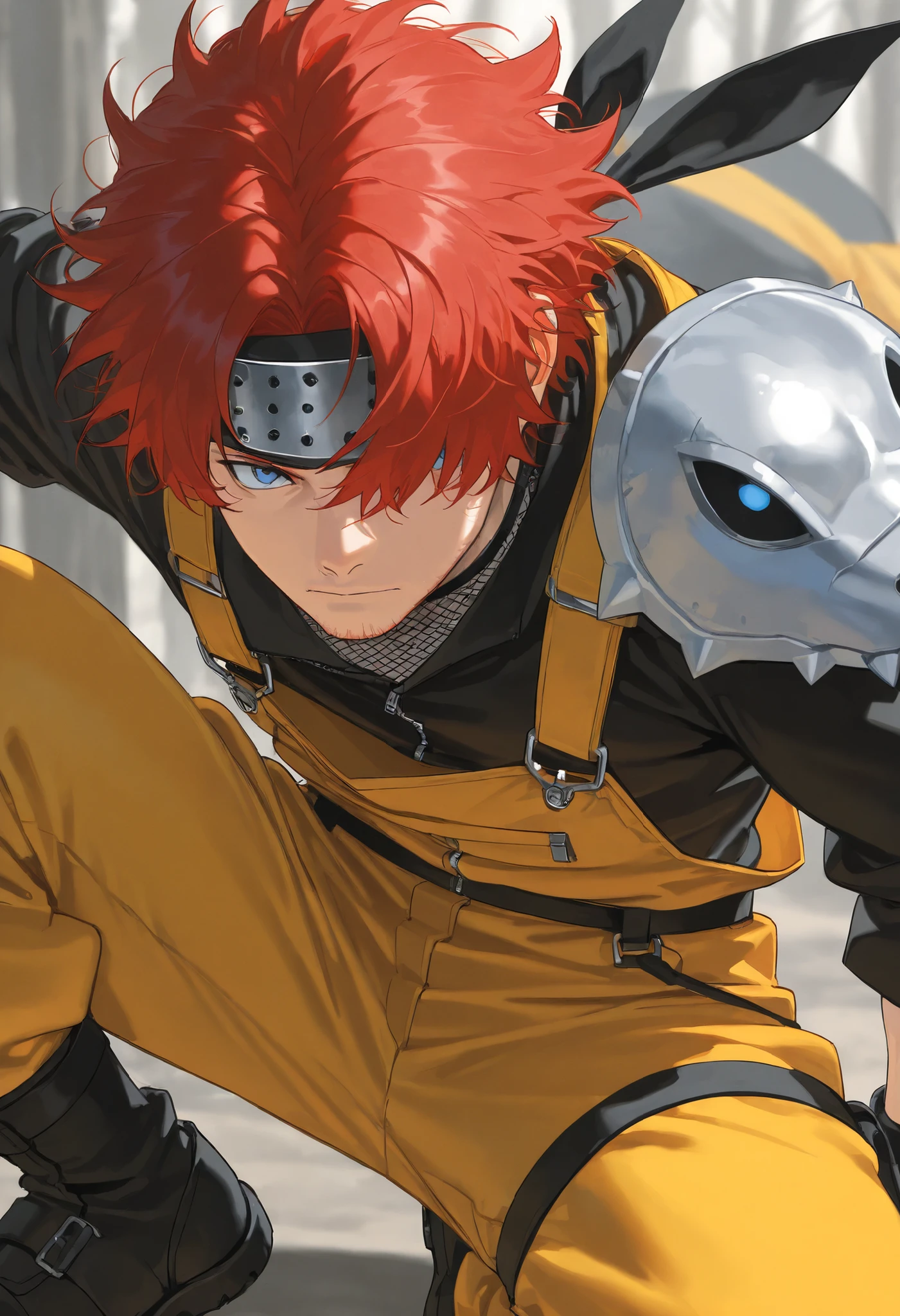 score_9, score_8_above, score_7_above, score_6_above, \(quality\), 1male, long red hair, tied tuck, fluffy hair, hair over eye, blue eyes, taller frame, mature male, wearing a orange and yellow overalls, oversized baggy pants, ninja bandana on the shoulder, Colored_NarutoManga_ownwaifu