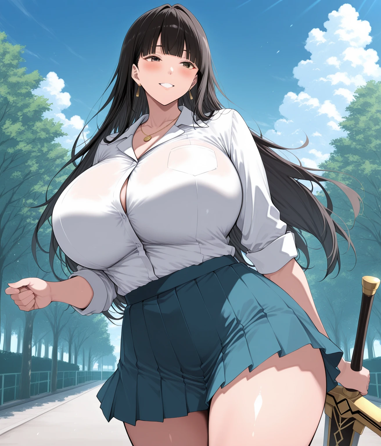 masterpiece,ultra detailed,hyperrealistic anime,(mature woman:1.2),curvy seductive woman,(tareme:1.2),thick lips,long black hair,blunt bangs,wavy hair,tube top frilled blouse,(low-cut skirt),see-through stole on shoulder,make-up,sitting and peeing on ground at public park,sweaty,look at viewer,,(pubic hair),peace sign,breathing out,aroused and happy,trembling,big breasts,crossed eyes