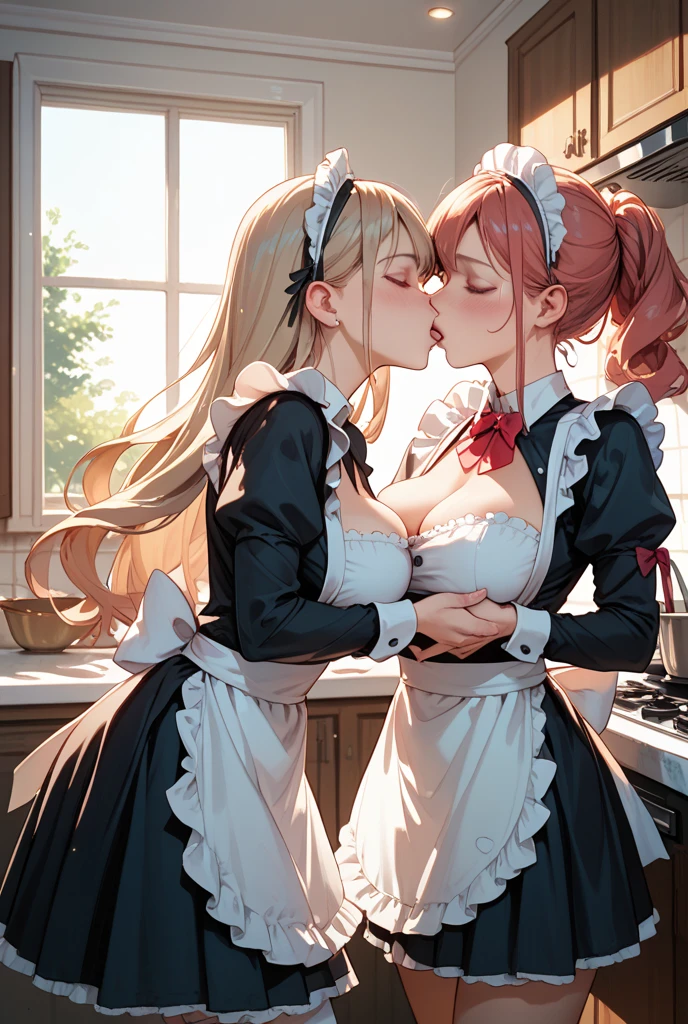 masterpiece, lots of detail, 4k, 8k, ((ultra-detailed)), highres, soft lighting, 2girls, maid outfit, couch, kissing, blush, {green hair|red hair}, {curvy|petite}