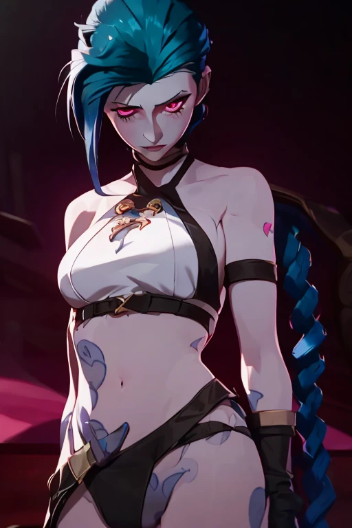 [jinx liga das lendas], jinx lol, ((" COM ROUPA DE HOMEM ARANHA PRETA E VERMELHA ESTILO VENOM")) simbiose totalobra prima, (melhor qualidade: 1.2), (alta resolução), (qualidade superior), (8k, 4k, intrincada), (full-body),