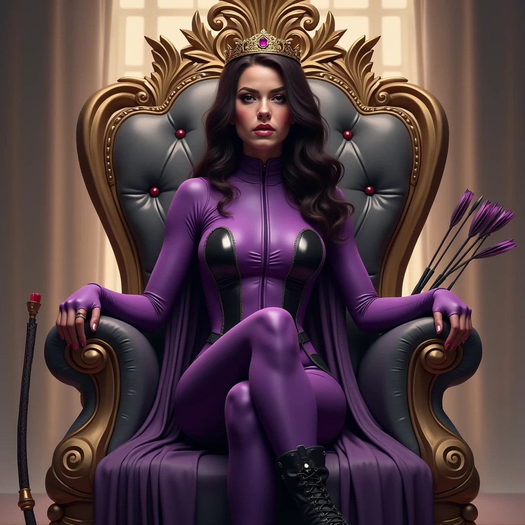 Generates the image of a blonde supervillain woman with an athletic body sitting on a throne with a winning pose. She wears a purple and blue superheroine suit and carries a large silver spear in her hand..
There is a large amount of money and jewelry on the floor.