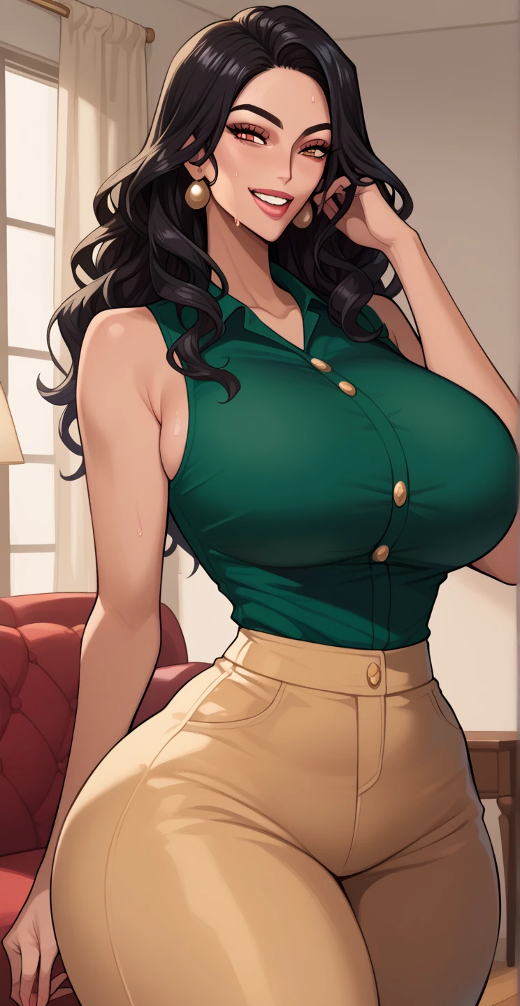Best quality, solo woman, giant breastt ass, very cur wavy hair in high pony, green eyes, full lips, seductive, pale yellow plaid blazer, white turtle neck, tight pencil skirt, hair bow, cute smile, curvy physique, flowery choker, multiple piercings, bimbo