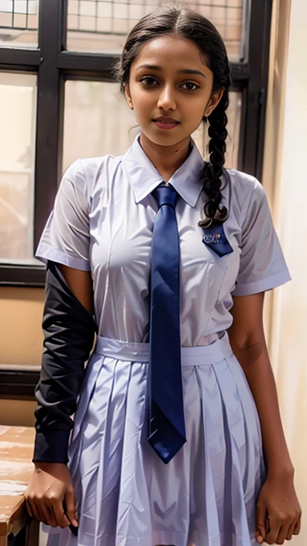 girl, convent, white shirt, long sleeves, loose necktie, navy blue long skirt, black belt,