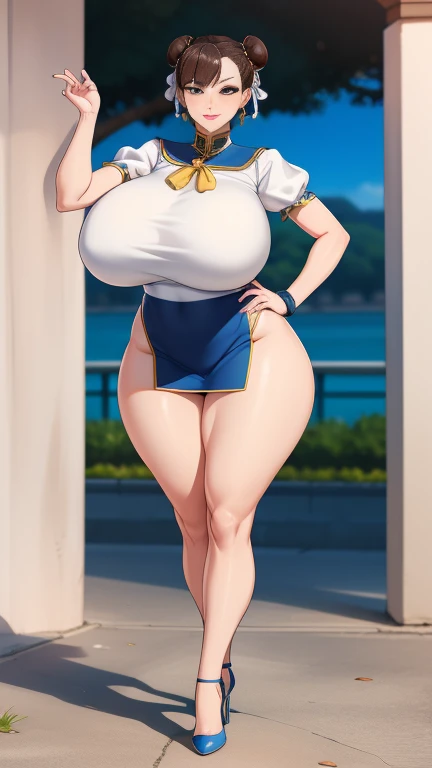 Large Breasts,((Cleavage)) Big buttocks, full-body shot, Mature mom, Plump thighs, a cow, Tempting Adult, Perfect body, Plus-size models, Sailor Suit, wear high heel shoes,mini skirt , Chunli,
