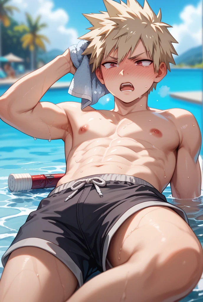 Wearing a swimsuit坐在泳池里的动漫男人, Cool anime poses, Tall anime man with blue eyes, Hajime Yatate, SFW version, Anime handsome man, muscular!!, male anime character, Wearing a swimsuit, Perfect body, Shikano Makoto, Sunny and hot, Kentaro Miura Art, Kuvshinov Ilya