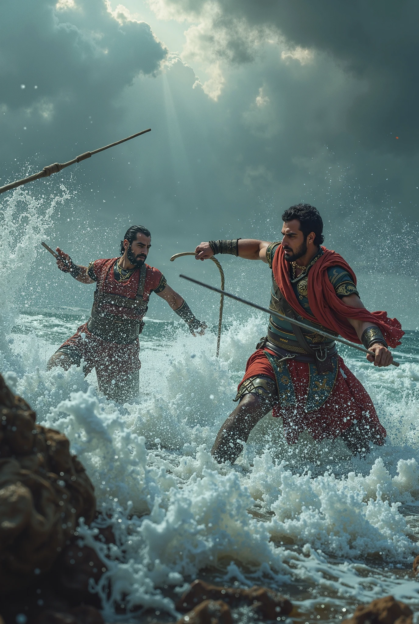 a man in a boat with a spear and a man in a costume, jason momoa as assyrian, cena do filme live action, ainda de um filme live action, ainda de um filme de fantasia, biblical epic movie, [ cinemactic, Jason Momoa como Conan, epic fight scene, 0 0 0 a.C., Henry Cavill como um guerreiro