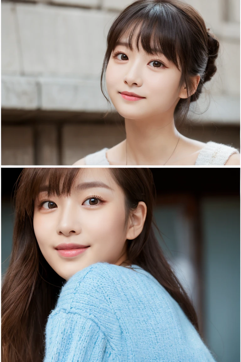 Japanese office lady. Identical twin sisters, (8K, RAW photo, best quality, masterpiece: 1.2), highly detailed, super resolution, (realistic, actual photo: 1.37), (photorealistic: 1.6), High-resolution raw color photo, professional photo, very delicate and cute (pointing at the camera), real light (spread your arms wide and palms facing you), smile so much that you can see your teeth, amazingly cute , Neat woman, very cute smile, very cute face, amazing details, very detailed beautiful girl, another face, one ponytail, modern and cute, very detailed face, very detailed eyes, very realistic skin, very Thin fingers, very small nose, very knowledgeable mouth, perfect anatomy, completely naked, smiling, long straight hair, (bangs 1.2), celebrity-level cuteness, young, crouching, legs apart
