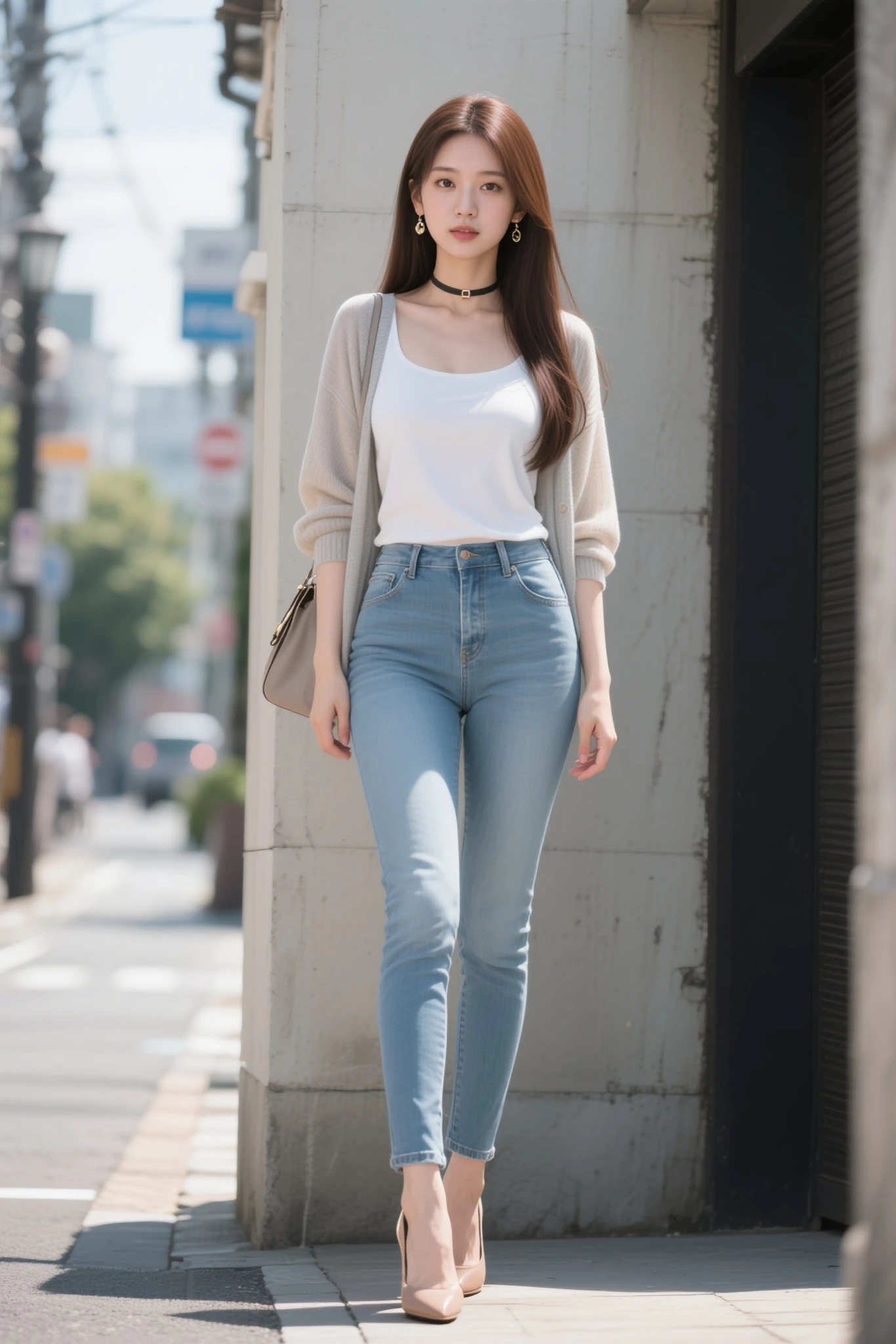 (masterpiece:1.3), (8 thousand, realistic, RAW photos, best quality: 1.4), (There's only one woman), (standing posture), (posture like a model), (an exceptionally beautiful face), (incredibly beautiful body), (long eyelashes), (double eyelid), (big bust), (beautiful breasts), (very sexy), (realistic face), (black hair, long hair:1.3), beautiful hairstyle, realistic eyes, beautiful and delicate eyes, (realistic skin), beautiful skin, (sweater), (tight jean pants), (long legs), (Very beautiful bridge),(wearing high heels), absurd, attractive, ultra high resolution, (extremely realistic), (very detailed), golden ratio, naked,