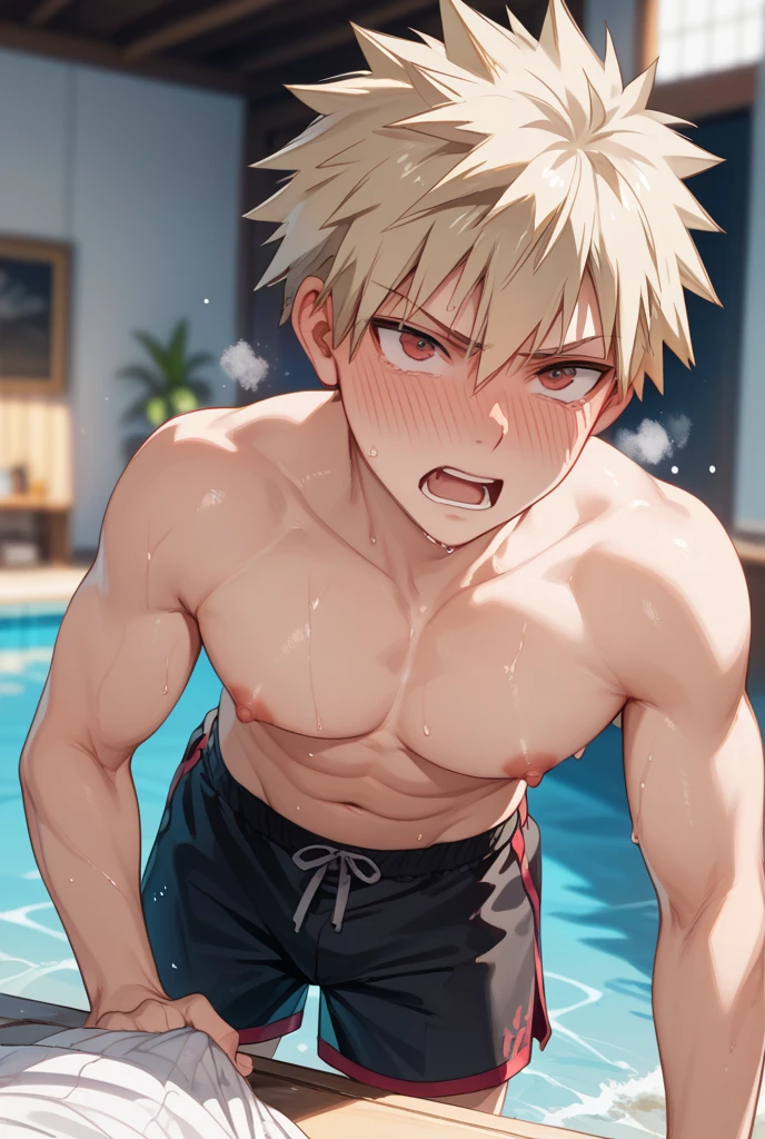 High resolution, masterpiece, The best quality at its best,最high quality,high quality, Height Details,10 year old boy,child,Blonde,cute,Upper body naked,topless,の体,,Glowing Skin,Sweat,White Briefs,Wet,Both arms raised,Banzai (banzai),Both sides are visible,Both arms are tied with ropes,classroom,Standing in front of a blackboard,Crying face,blush,The groin is bulging,