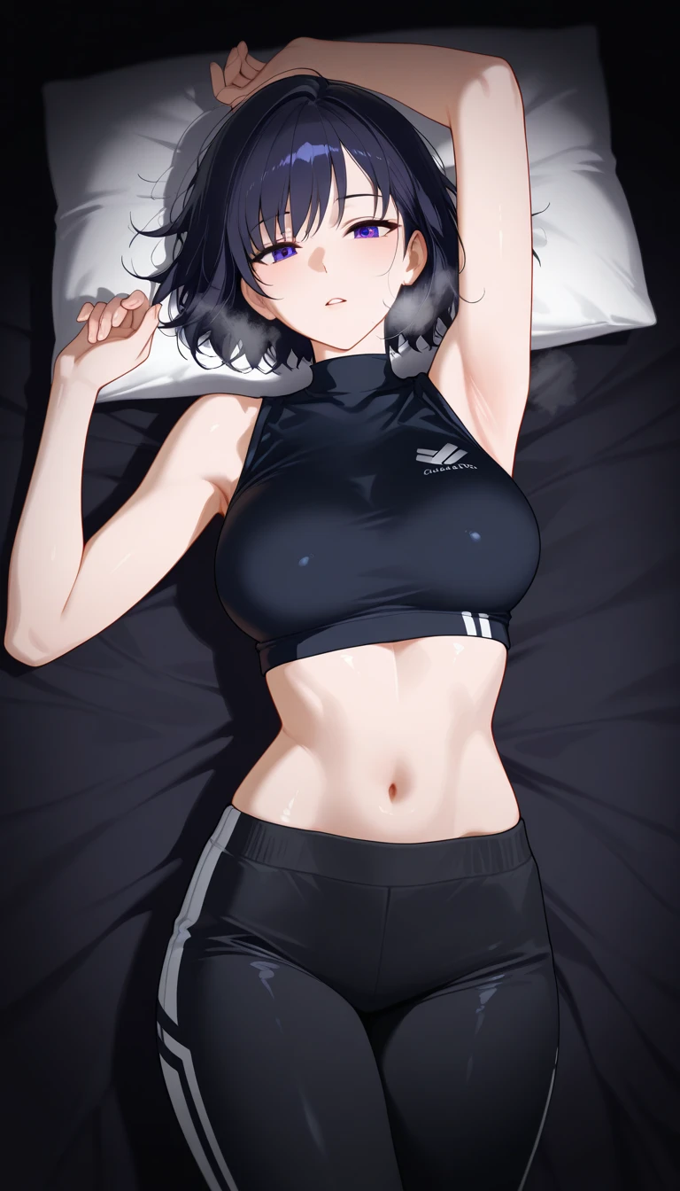 highest quality, 32k, Raw photo, incredibly Abdominal musclesurdres, Very detailed, Delicate texture, (Beautiful and beautiful eyes: 1.2), (overhead), Beautiful Face, One girl,White crop top, leather shorts, oversized leather jacket, Abdominal muscles,Sweat, Ahegao, Roll your eyes, blush, Drooling,body fluid,indoor, night, Sexy mole,Lying in bed,Top view