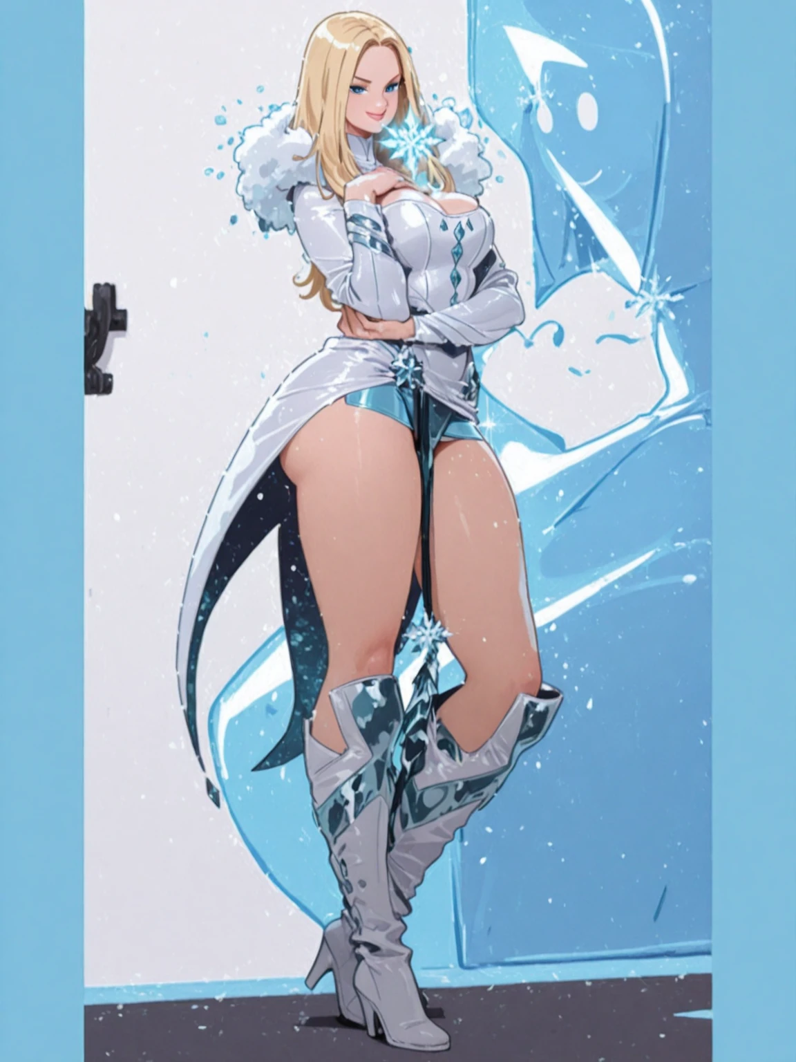 (high-res, vivid colors), blue bird alien, detailed feathers, sparkling eyes, alien landscape, vibrant colors, surreal atmosphere, glowing lights, otherworldly features, intricate patterns, dreamlike scenery, Arctic Frost Ranger: A suit featuring icy blue and frosty white hues, accented with snowflake patterns and frost crystals. This Ranger commands the power of ice and cold, with abilities such as creating blizzards, forming ice constructs for defense, and freezing enemies in their tracks.