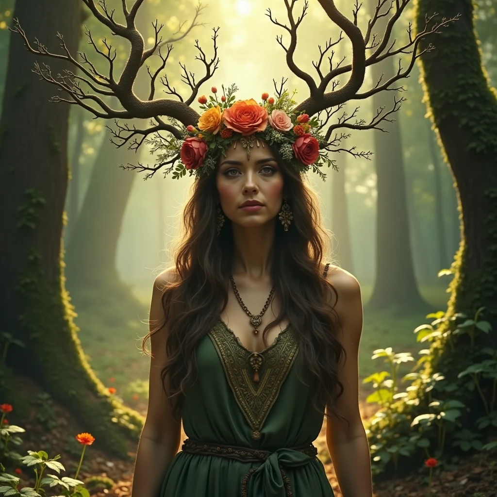(medium full shot) of (lovely young woman:1.1) cavewoman, american with straight brown hair in a bob, hazel eyes, light tan skin, athletic build,             wearing Fur- trimmed halter top with bone embellishments, fur skirt, antler headpiece, barefoot, woven grass bag angry at the viewer,  she's squatting pose,             .set in  Ancient Fern Forest, Towering ferns reaching for the sky, ancient tree trunks covered in moss and lichen, shafts of golden sunlight piercing through the foliage, and the distant call of unseen creatures echoing through the forest , at night. Masterpiece,best quality, photorealistic, amazing quality, very aesthetic, extremely detailed face,