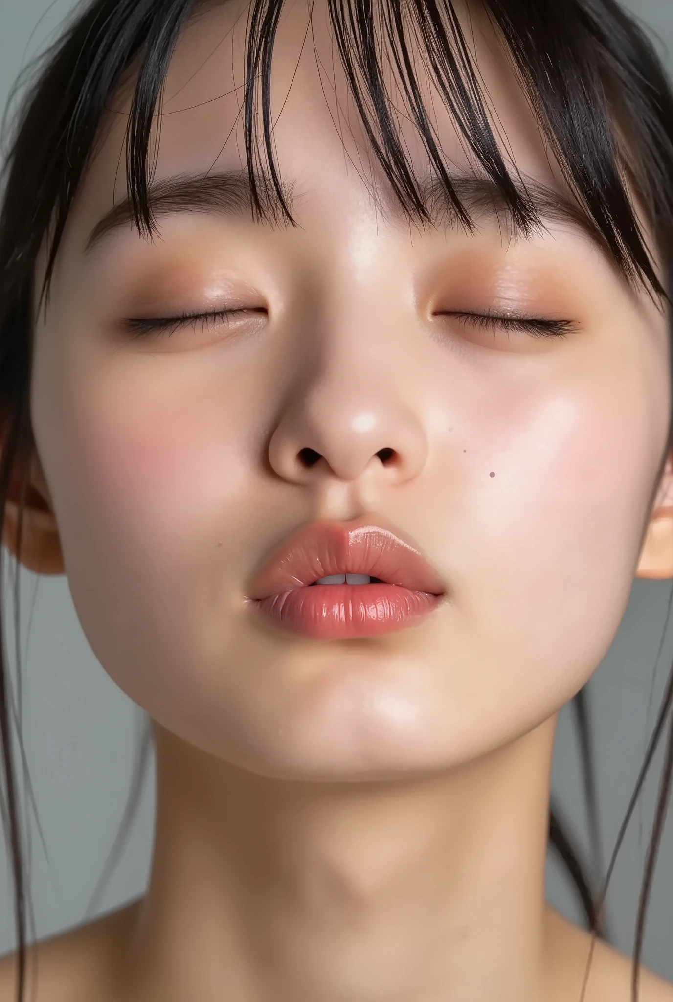 ultra-detailed close-up of a beautiful girl, collarbone-up composition, white studio background, soft natural lighting, slightly elevated front camera angle (around 35-60 degrees), full face and head visible in frame, chin gently lifted as if reaching up, head slightly tilted for cuteness, hands behind back and not visible, black camisole strap visible, soft innocent charm, longing and dere-dere expression, blissful and euphoric smile with flushed cheeks and ears, dreamy and adorable aura, eyes gently closed or nearly closed with soft lashes, expression overflowing with affection and dazed joy
extremely puckered lips forming a tight rounded "O" shape, strongly pursed lips protruding forward, circular and centered kiss-mouth, shimmering glossy lips with wet highlights, lips reflecting light with moist texture, hyperfocus on lips with soft depth-of-field blur around face contour to draw attention, slightly parted mouth (optional) to hint at tongue, but lips retain the tight circular shape
realistic natural skin texture with visible peach fuzz and matte softness, no visible makeup, subtle facial pores and skin microdetails, romantic soft glow
intense feeling of affectionate anticipation, cute and bashful yet deeply inviting kiss pose, soft warm atmosphere