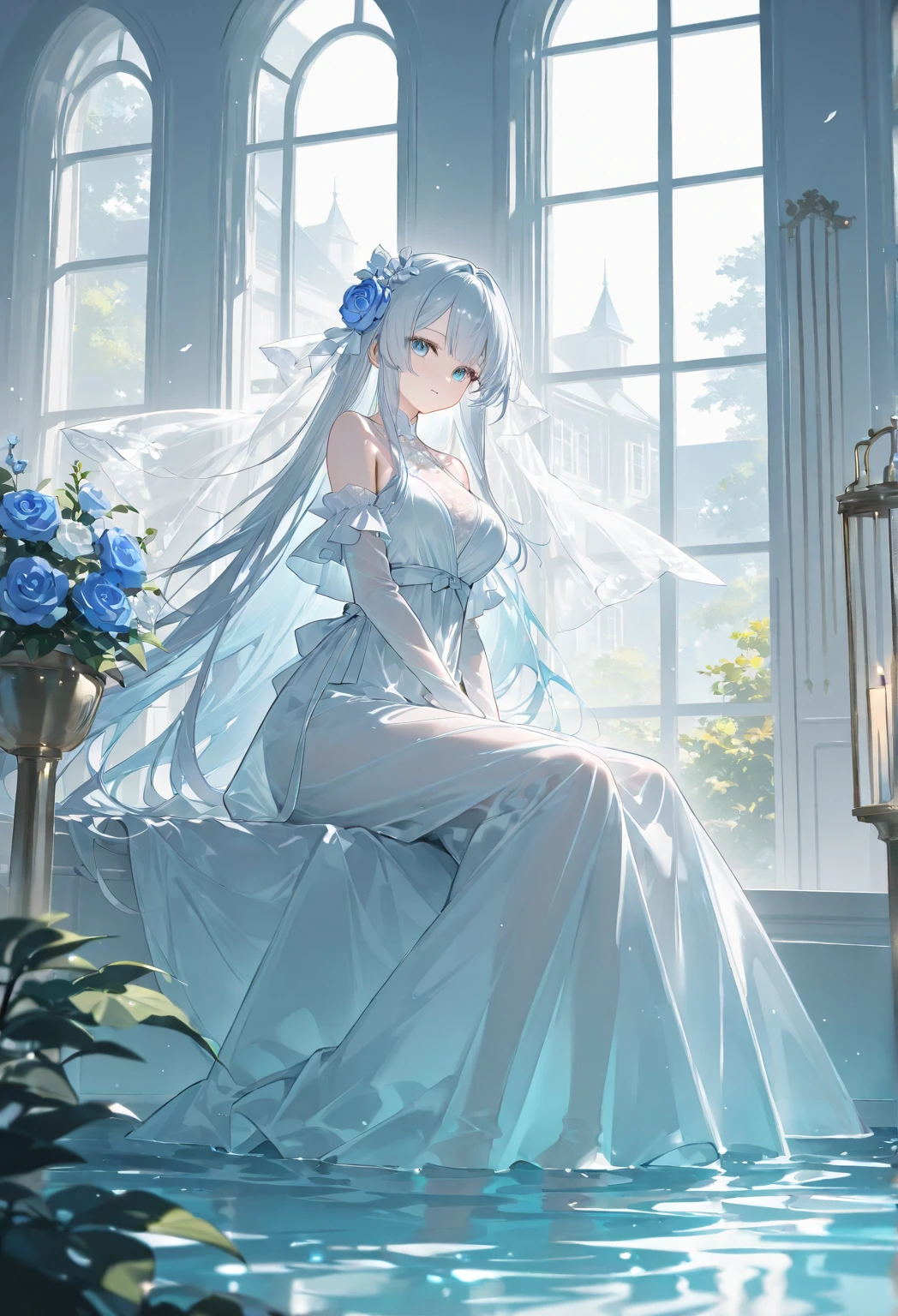 1 mature girl, masterpiece, best quality, highres, 16 k, uhd, silver hair, long hair, blue eyes, beautiful detailed eyes, white dress, white palace room, full body, white stockings,