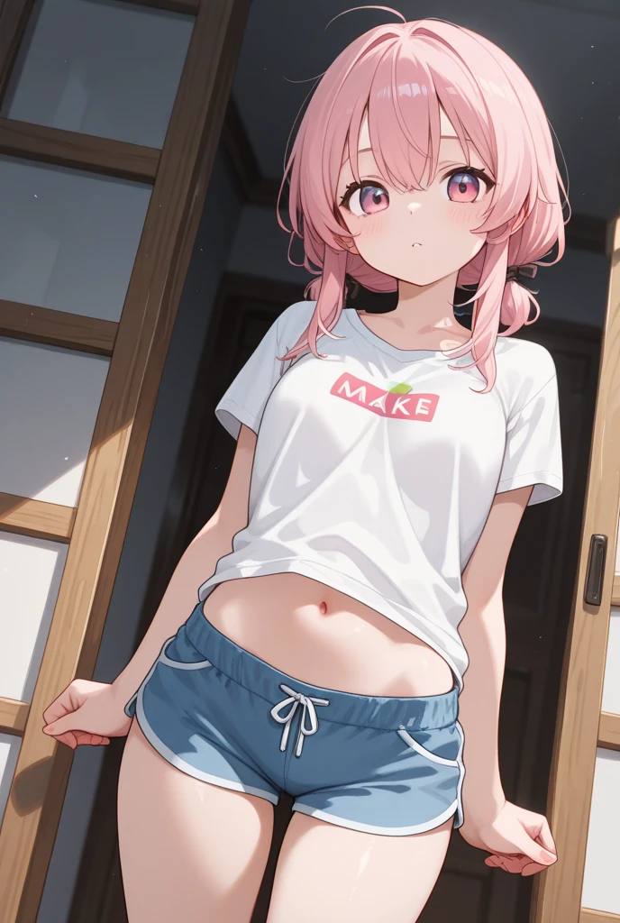 ((masterpiece,Highest quality:1.3,best quality illustration)),cowboy shot,1woman,16-year-old Japan beauty,((very small head:1.2)),short bob hair,bangs,(pink hair),brown eyes,gorgeous eyes,shy,medium breasts,((very long body)),(White T-shirt、Grey micro shorts),(toned body,slender body,skinny),gleaming skin,shiny skin,oily skin,standing,Simple bedroom、simple hotel、Tokyo