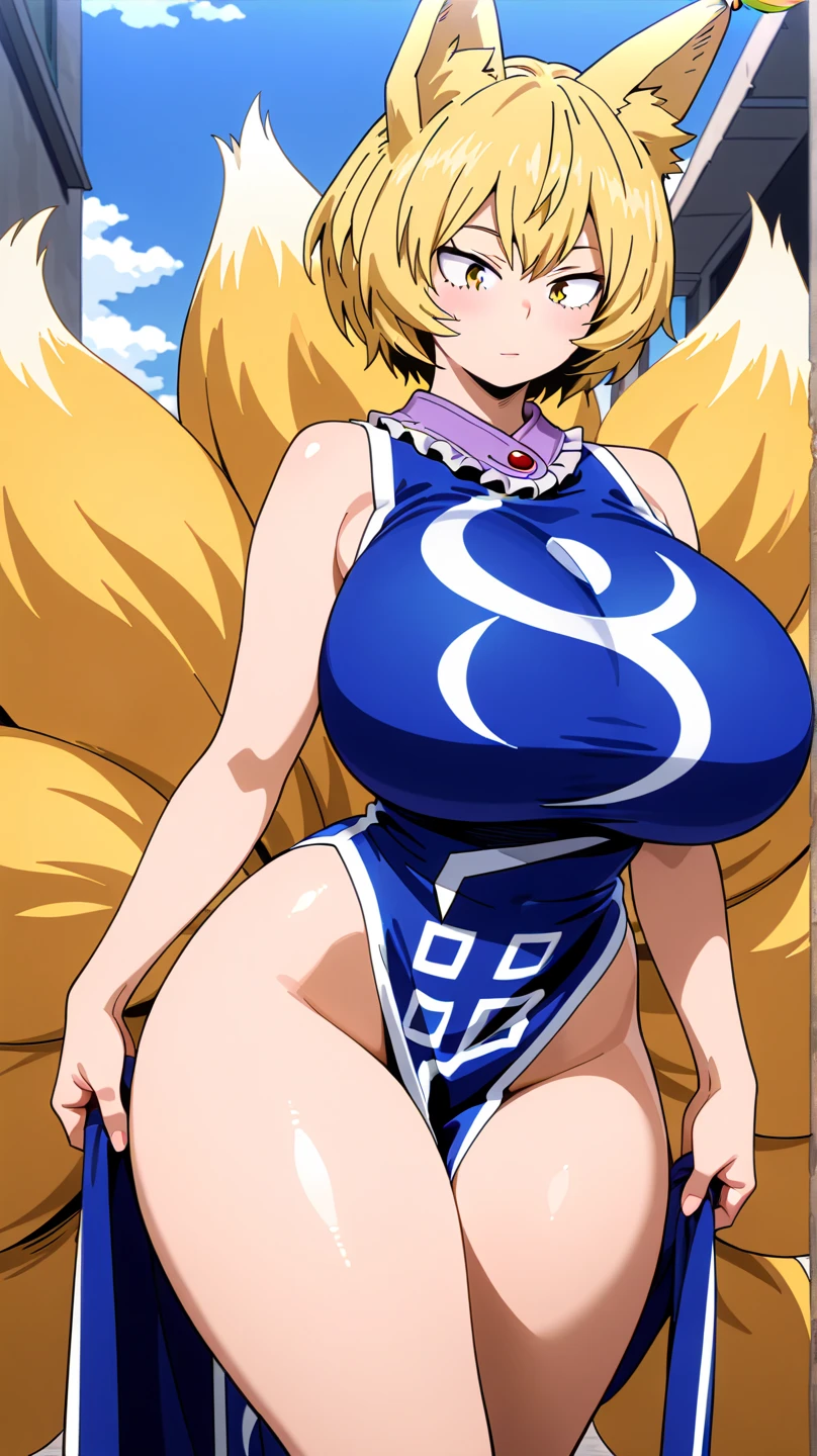 (masterpiece, best quality), best quality, (ultra-detailed), (3heads:1.5), 1girl, (yakumo ran:1.3), masterpiece, best quality, ultra quality, ultra resolution, blue top, crop top, ((stomach)), midriff, ((groin)), blue skirt, normal ears, shackles, blonde hair, very long hair, wavy hair, sidelocks, yellow eyes, detailed eyes, parted lips, single horn, sweat, cute, toned belly, hand on own chest, eyelashes, (25 year old woman:1.3), (masterpiece:1.5), (best quality:1.5), (beautiful detailed extremely detailed CG, extremely delicate and beautiful, depth of field, (finely detailed face), (perfect details:1.2), (mature female:1.3), wide pelvis, slender, large veiny breast, 16k resolution, highres, high quality, high definition, extremely detailed, masterpiece, blonde hair, long hair, alluring presence, braid, short skirt, close up, big , young, bob cut, fox ears, fox girl, fox tail, multiple tails, frilled hat, hat,