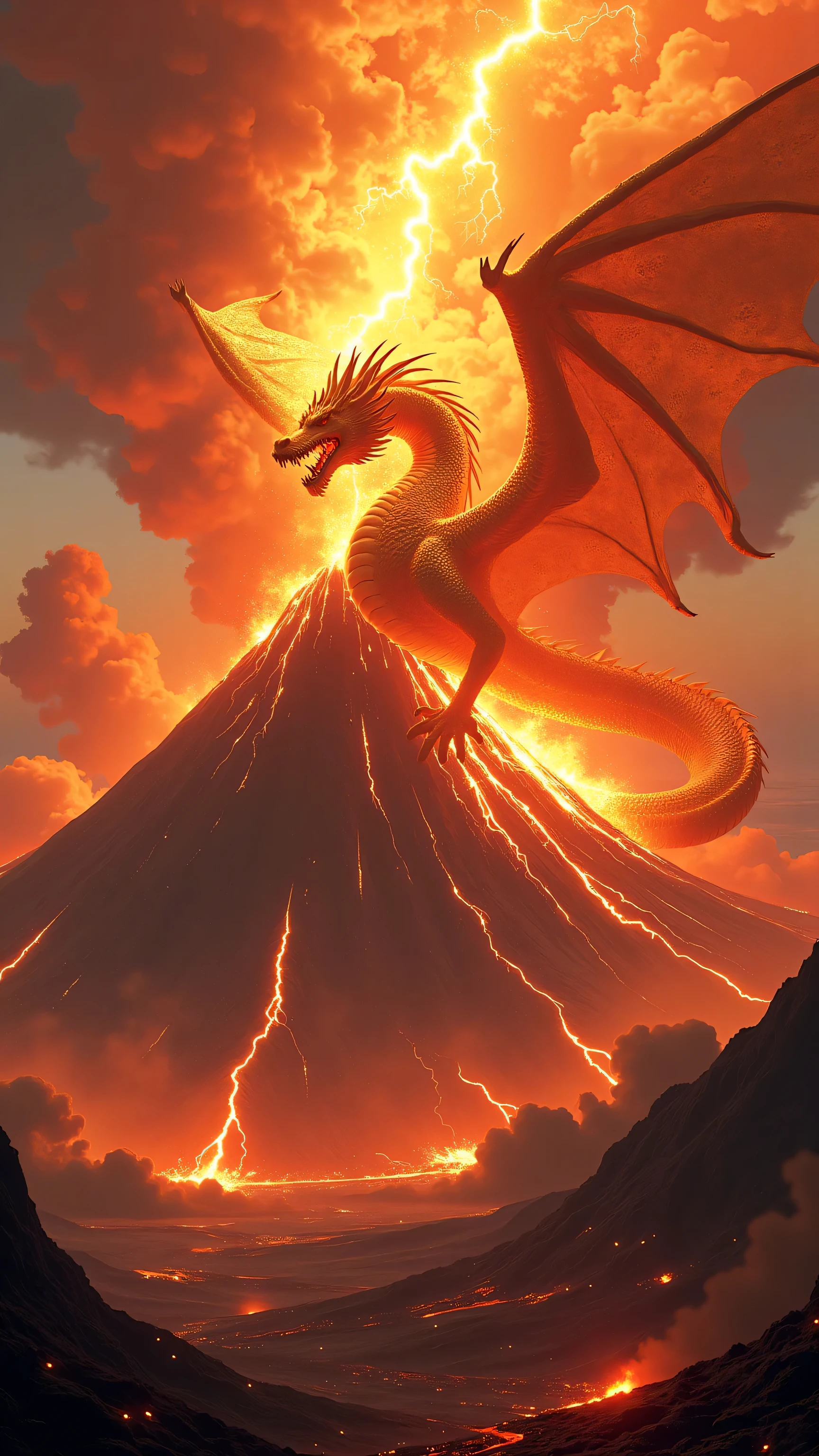 High quality images、Image of a dragon god living on Mount Aso、Mount Aso has erupted and lava is erupting、A golden dragon god is flying above it、View from Mt. Outer Ring。