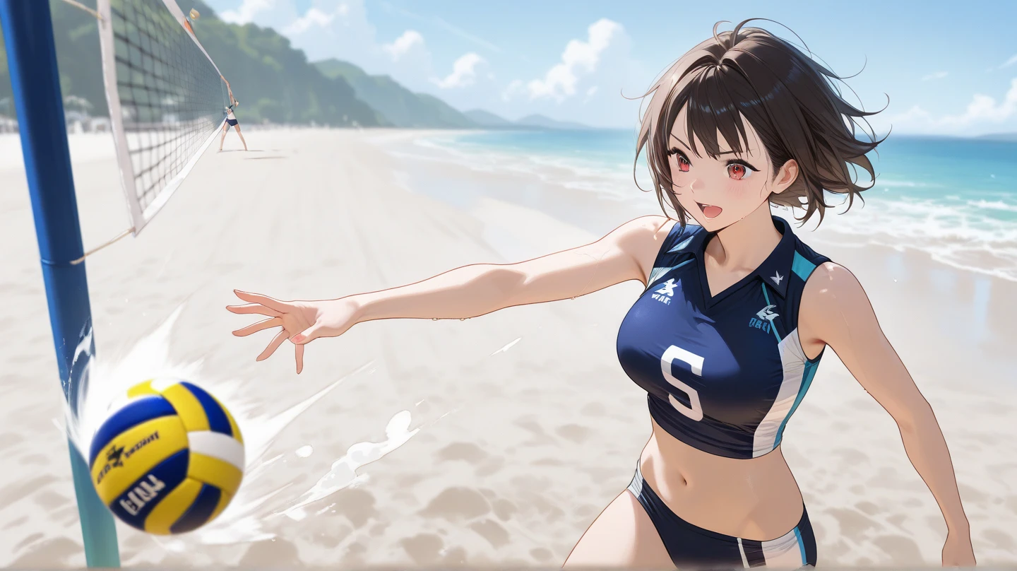 On the sandy beach volleyball court、Please draw an illustration of a woman in a swimsuit with a serious look on her face as she plays a game.。She hit the ball back with force.、The blue sea and sky spread out in the background.。