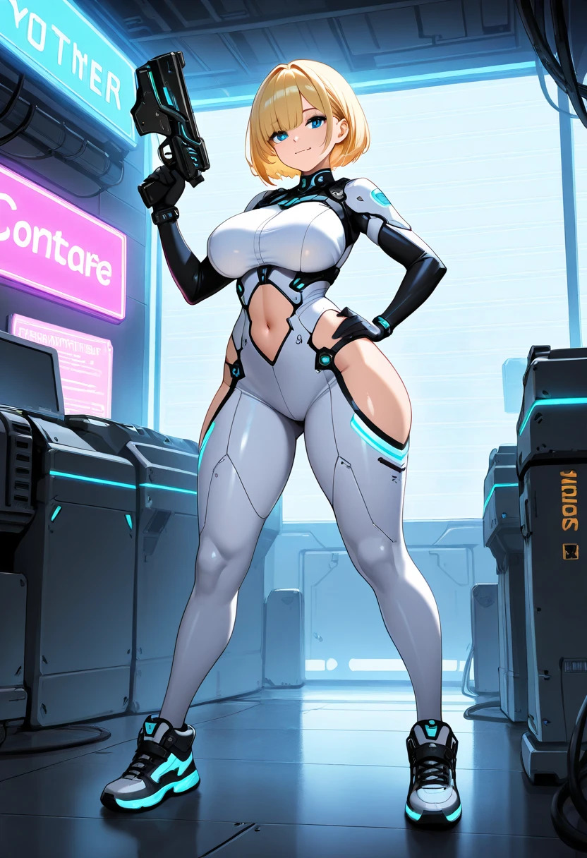 1girl, breasts, wide hips, large breasts, blonde hair, short hair, very short hair, hair, blue eyes, smile, black bodysuit, bodysuit, futuristic, tech, machinery, science-fiction, shoes, sneakers, neon trim, blue neon trim, neon, smirk, smug, full body, standing