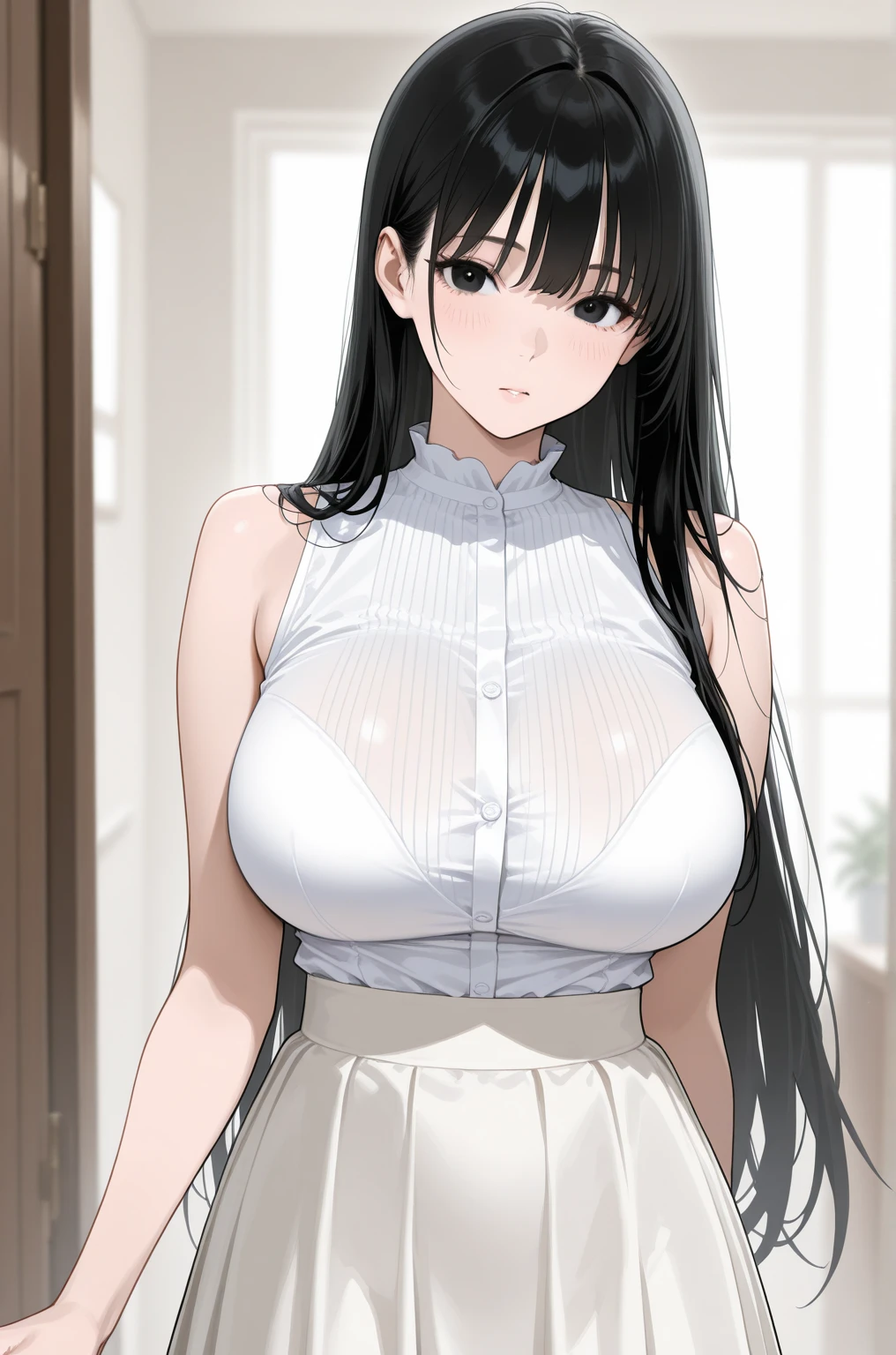 (((masterpiece:1.4, Best Quality:1.4, 8K, ultra high res, Physically Based Rendering))), sharp focus, full body Portrait, flat lighting, ultra Beautiful Sexy Woman, very pretty Japanese women, perfect body:1.1, 24yo, solo, Detailed large light brown eyes, tareme:1.1, detailed thin eyebrows, Highlights in the eyes, (((brown straight long hair:1.1, half updo:1.4, hair behind ears))), (A strong wind blows her hair:1.4), Highly detailed facial and skin texture, Slender beauty:1.4, ((white turtleneck fluffy sweater, sleeveless, sweater lift:1.2)), ((gigantic breasts:1.6)), (breasts exposed:1.2), small areola, slim abs, narrow waist, (black pleated miniskirt, skirt lift:1.4), (((no panties:1.4))), (detailed beautiful pussy exposed, pubic hair:1.4, Cloudy mucus flowing from the pussy:1.2, cum in pussy:1.5, spreading her pussy with her fingers), (slim and long beauty legs), (no makeup:1.2), Clear facial features, (lying down on fluffy carpet), ((spread legs wide:1.4)), The head is tilted back:1.1, open mouth:1.1, Heavy breathing, smile, expression of anguish, Log cabin, warm room with fireplace, Christmas tree with luminous ornaments:1.2, candle warm lighting:1.4, (A blizzard outside the window:1.4), (incredible night:1.2),