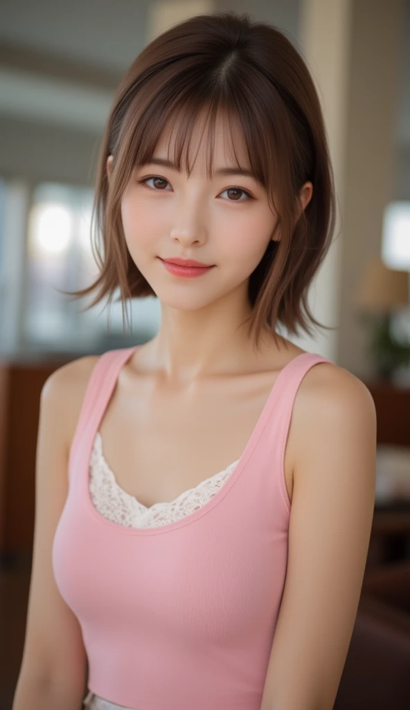 One girl, Casual T-shirts, short hair, 20-year-old Japanese, beautiful, cute face, pretty face, neat, smiling, 8-head body, height 165cm, weight 48kg, bust 83cm, waist 60cm, hips 82cm, (((selfie))), ((face focus)), (((portrait))), (from above), ((face))