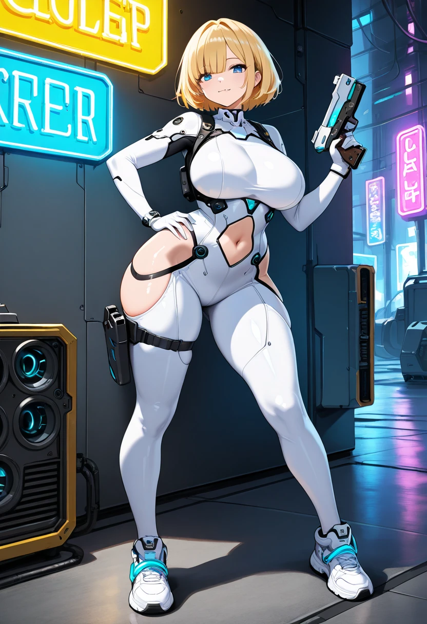score_9, score_8_up, score_7_up, score_6_up, score_5_up, score_4_up, solo, pilot lady, long white hair, long side locks, hair tubes, big thick full lips, ((pouted lips)), blue eyes, ((squinting soulful eyes)), colored eye shadow, ((mature woman)), ((full body)), sexy, seductive, alluring, pleasant expression, Gray bodysuit, Gray short pilot jacket, oversized the knee long boots, long sleeve black gloves, straps, belt, harness, (((huge breasts))), ((sagging breasts)), wide hips, thick thighs, huge ass, sci-fi fashion, intricate details, detailed background, detailed eyes, sharp focus, sci-fi aesthetic, Japanese style