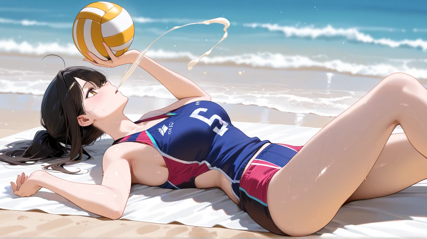 1 Female Solo、/(Volleyball Uniforms/)、Dynamic posing、/(Black Hair/)bangs、(A look of determination)、(Masterpiece Top Quality:1.2)Delicate illustration with super detailoderate bust、ponytail、/(Beach Volleyball、Sandy Beach/)