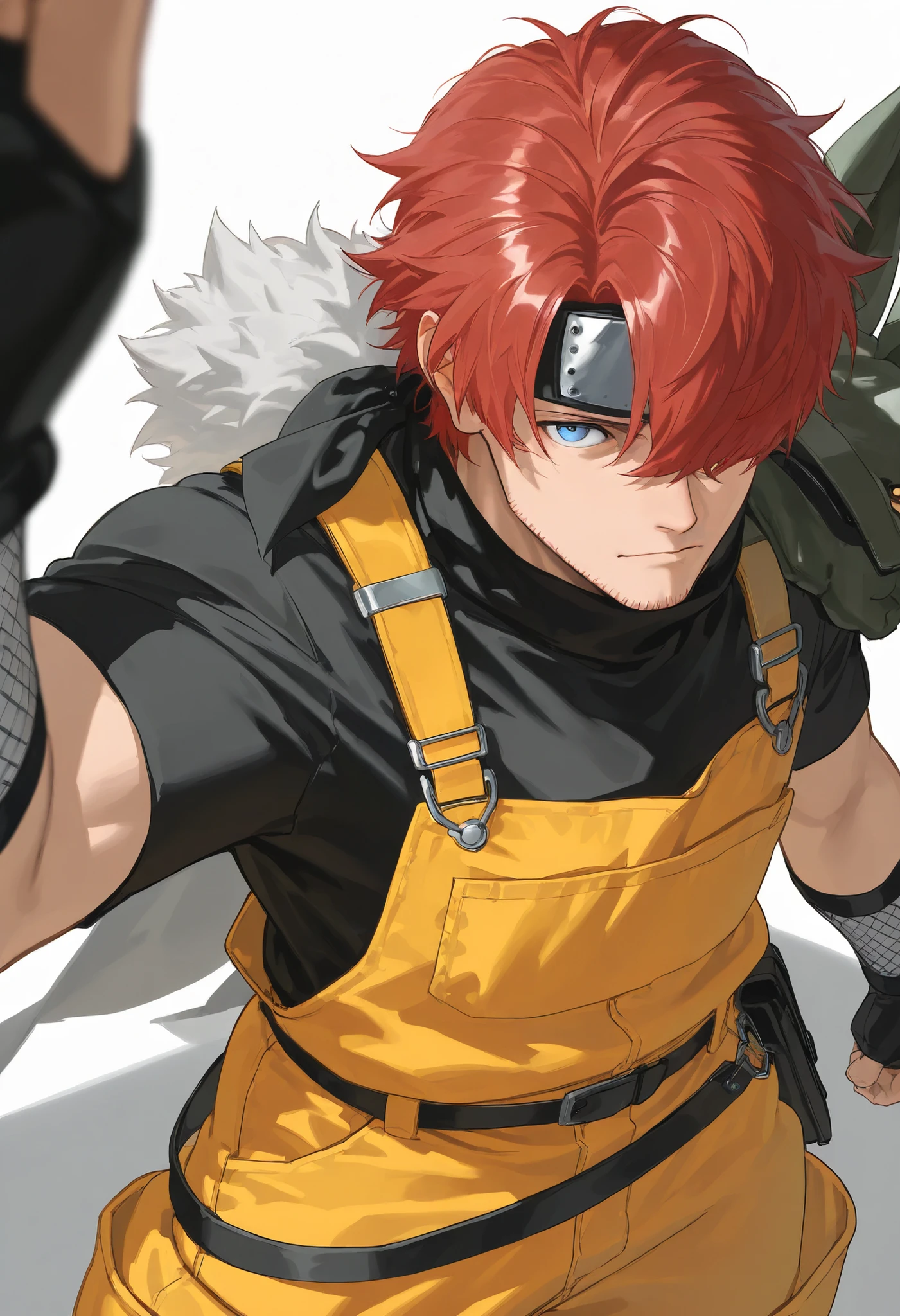 score_9, score_8_above, score_7_above, score_6_above, \(quality\), 1male, long red hair, tied tuck, fluffy hair, hair over eye, blue eyes, taller frame, mature male, wearing a orange and yellow overalls, oversized baggy pants, ninja bandana on the shoulder, Colored_NarutoManga_ownwaifu