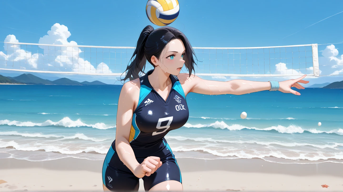 Best Quality, masutepiece, High resolution, (Anime Heroine Illustration), Anime Paint, 1beautiful girl ,Dynamic Angle,Female beach volleyball Athletes,small head,Large breasts,nice legs, Glowing skin, Sweat,At the beach volleyball venue ,,Detailed beautiful face,Detailed beautiful eyes,detailed hairs,detailed skins,Realistic Skins,Sweat,detailed clothes,cool,