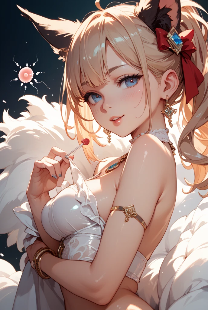 ((worst quality, low quality)), Angel girl, solo, slender, ((big breasts)), ((2 hair buns)), ((long blonde hair)), hair over one eye, plump glossy lips, beautiful clear eyes, Angel wings, (((holding a big bunch))), (beautiful colorful flowers), bra, garter belt, side tie panties, embarrassed, leaning forward, (light particles, light sparkles, light rays:1.4), (floral background, colorful flowers, falling feathers:1.3), high angle shot, Bedroom, masterpiece