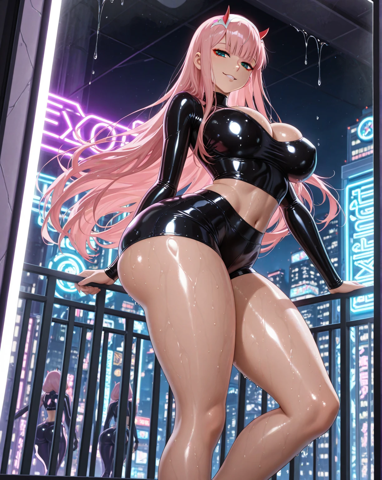 Masterpiece, top quality, best quality, official art, beautiful and aesthetic, anime, 1girl, Zero Two, extremely detailed, colorful, more detailed ((ultra-detailed)), (highly detailed CG illustration),horny,detailed face,pink hair, big green eyes,tight chinese dress, in middle,skinny fit, small breasts,small ass,cleavege,street,night,cyberpunk,fullbody shot,stockings,rain,wet