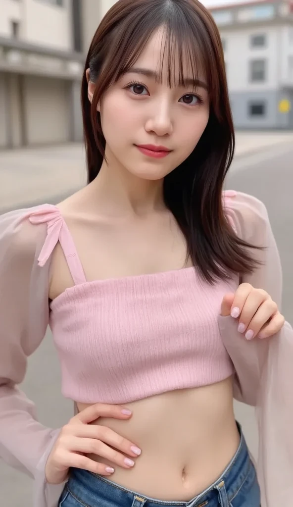 //quality, Realistic photograph, (best quality:1.5), (hyper-realistic:1.2), (high resolution:1.5), (Cinematic Lighting:1.2), upper body shot, RAW photo, (4k. 8k precision image), detailed textures, sharp focus,ultra-detailed,
//character, A beautiful woman, big breasts, Great cleavage, Great abs,
//facial expression, (Anxious), (about cry), (open mouths), (dog collar:1.4),
//posture, standing, shirt lift,
//fashion, sweater, Ultra-small bra, string bra,
//fetish,
//background, downtown, crowd of people,