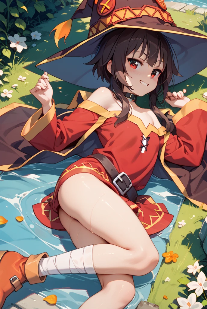 Megumin, little ish girl water playing, little child(tiny chest:1.1),smile, exphosed chest and groin , no panties,Suark ,wet,dynamic water splash ,outdoor,blue sky,