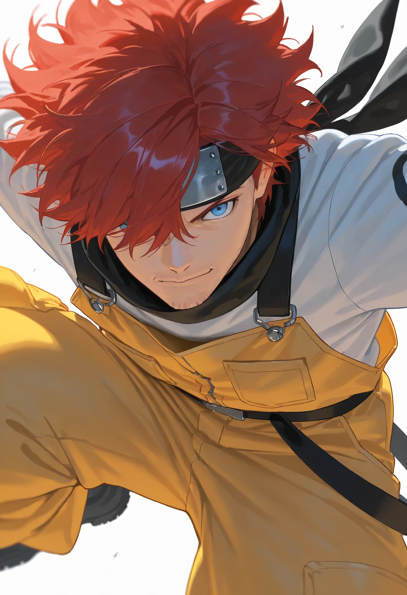 score_9, score_8_above, score_7_above, score_6_above, \(quality\), 1male, long red hair, tied tuck, fluffy hair, hair over eye, blue eyes, taller frame, mature male, wearing a orange and yellow overalls, oversized baggy pants, ninja bandana on the shoulder, Colored_NarutoManga_ownwaifu