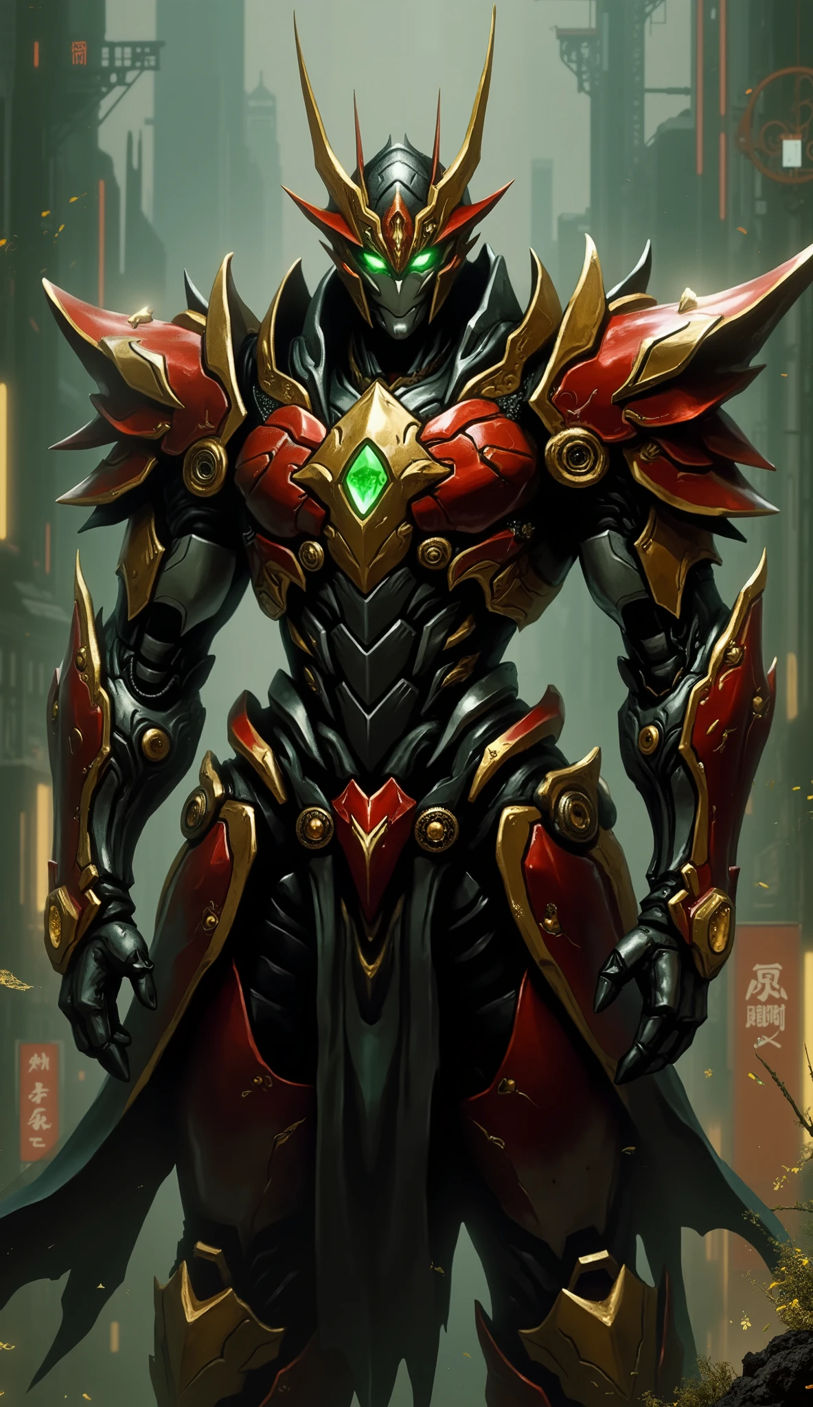 (masterpiece:1.5, best quality:1.5, extremely delicate:1.5), ((male:1.5)), Biomimetic humanoid Mecha, green eyes, fully enclosed shoulder guards, matching arm and leg guards, gemstone, full body, full armor, the design balances heavy with agility, organic biotech armor, (the color scheme is primarily Golden and Red with Black and White accents, concept Inspired by Samurai, glowing eyes, the armor glows), standing, floating high above the futuristic sci-fi city, a finely crafted Super robot in anime style, exquisite and mature art style, metallic, dramatic, high definition, highres, ultra-detailed, ultra-fine painting, professional, anatomically correct, symmetrical face, extremely detailed eyes and face, high quality eyes, creativity, RAW photo, UHD, 32k, Natural light, cinematic lighting, (masterpiece-anatomy-perfect:1.2)