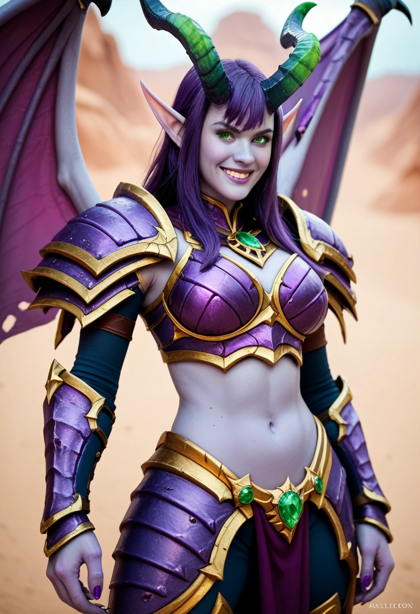 nitaraMK1, red hair, green eyes, hair slick back, demon wings,tiara, purple leotard, small breasts, cleavage, silver armor, pelvic curtain, looking at viewer, smiling, medium shot, standing, outside, field, grass, winter, blue sky, high quality, masterpiece, <lora:nitaraMK1-11v9:.8>