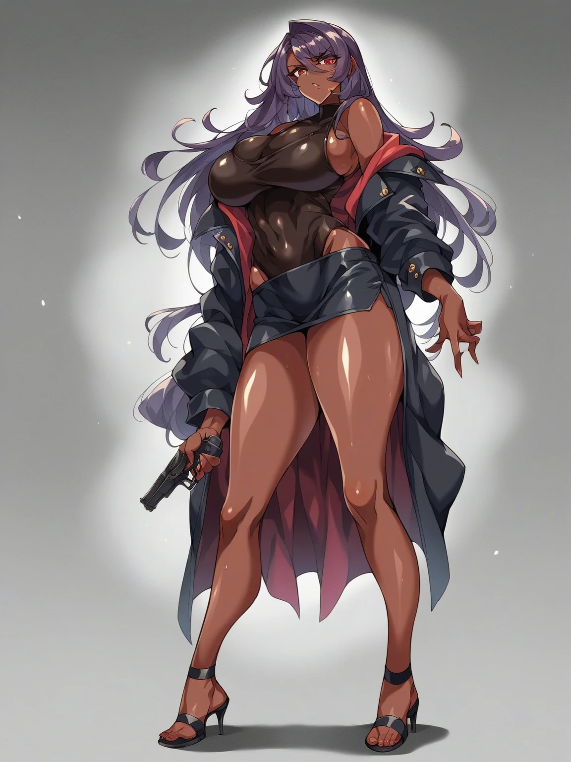 beautyfull woman, long green hair, long hair, african skin, green lipstick, black skirt, black bra, black chocker, black jacket, chubby, evil smile, holding a shotgun
