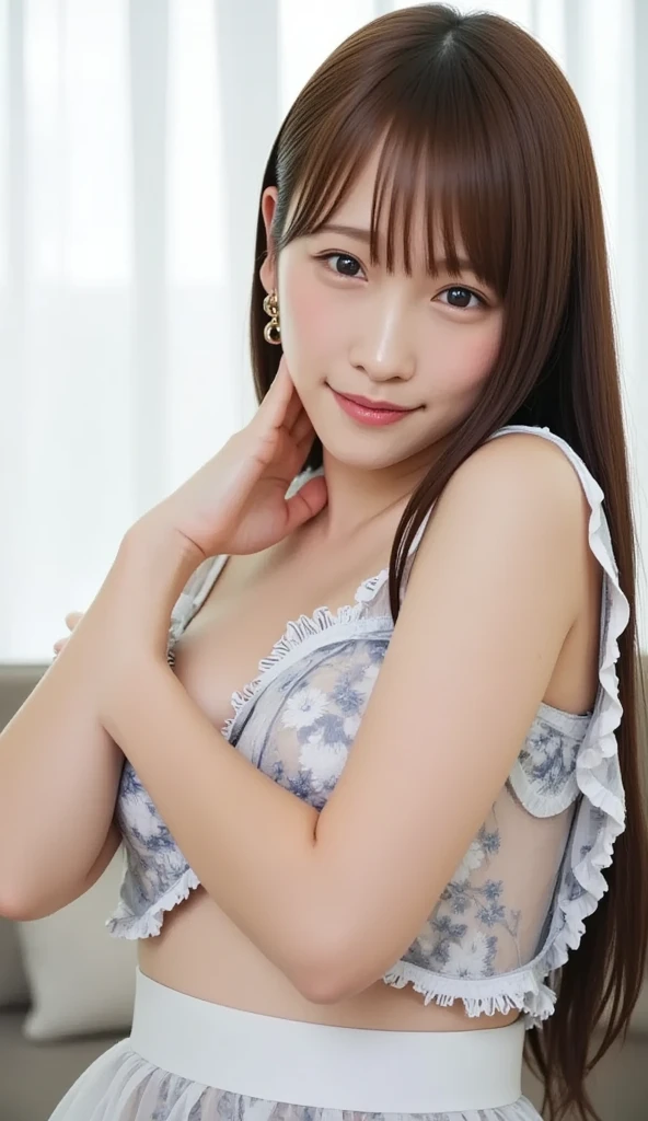 (Highest quality, DSLR, 8k, Highest quality, High resolution, Highest quality, Highest resolution, Very beautiful woman, Perfect anatomy), Light brown eyes, Very light brown eyes, Small diamond-shaped earrings, Looking at the camera, Beautiful brown hair, ((Baby face, loose and cute medium ponytail)), Very short and beautiful bangs with brown hair, E-cup breasts, Not showing the décolletage, Very beautiful 20-year-old, Lip gloss, Smiling very happily, Very cute smile, Upper teeth, Beautiful teeth, (Interior of an elegant mansion (background only), Slightly larger eyes, Small face, Tall supermodel, Beautifully proportioned model, Random cute poses without showing the décolletage in gravure style, Dynamic angle, Eye focus, Head tilt, Very detailed and realistic, Very beautiful 20-year-old, ((Medium Shot)), Sharp jawline, ((Maid outfit)), Deep waistline, Sexy legs, Side view, Smiling very happily, Laughing, Summer daytime
