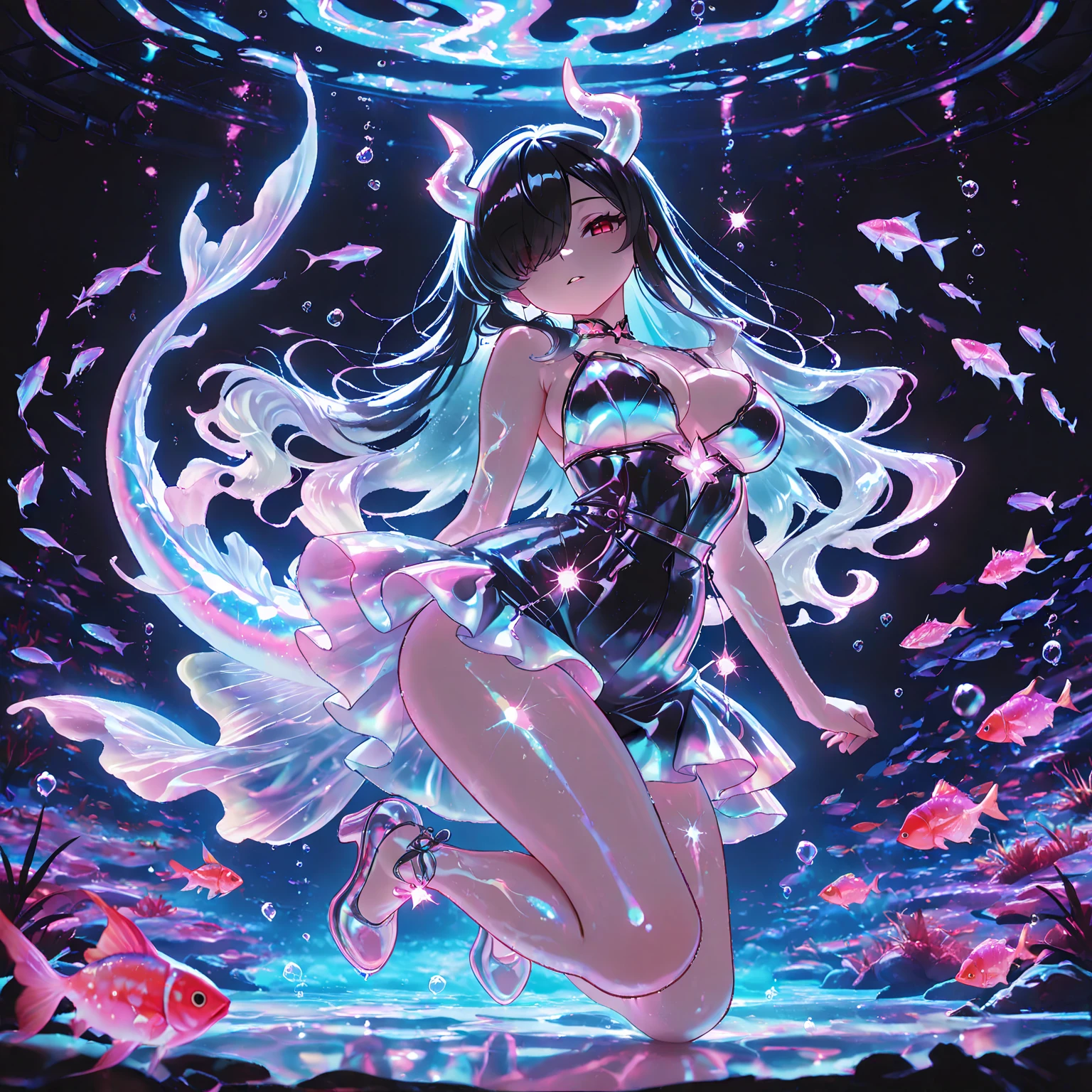 masterpiece, best quality, amazing quality, absurdres, ultra-detailed, very aesthetic, cinematic, cinematic shadows, cinematic composition, vibrant colors, beautiful face, beautiful eyes, 1girl, Kuroki Monika, red eyes, hair over right eye, black hair, very long hair, large breasts, petite, curvy, very cute, small horns, fish horns, fish tail dress, transluscent dress, solo, full body, looking at viewer, parted lips, dynamic pose, underwater, water bubbles, ((neon fish, glowing fish, many fish)), black theme, neon aesthetic, neon colors, glowing, glow effect, vibrant colors, high contrast, fluorescent, luminescence, light effects, chromatic lighting, colorful lighting, bright outlines, neon lineart, dark background, digital art, iridescent aesthetic, ethereal glow, dreamy fantasy, holographic shimmer, celestial radiance, pastel opalescence, soft luminous hues, translucent light, pearlescent reflection