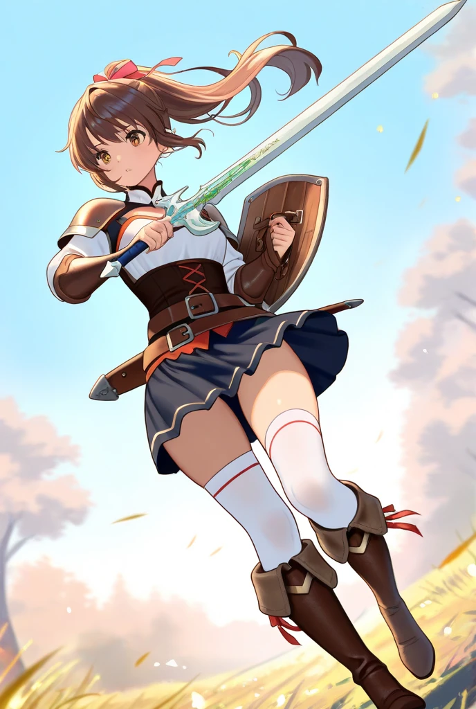 masterpiece, Highest quality, Sophia Estido, Barrette, Pink Shirt, corset, Pencil Skirt, stockings, Knee-high boots, standing, ((Holding a sword in his right hand)), Combat pose、Spread your legs、Bend both knees slightly、Quiz Formula, Looking at the audience, rocky coast, big, null, (Squat:1.5)、(Spread your legs:1.5)、((Showing white panties))、Good lift、Showing off a white bra、Troubled face、climax、Excited、close your eyes、Open your mouth、ahegao、Sword Drawing Technique, Battoujutsu、Red cheeks、Shirt lift、Place your heels on the ground