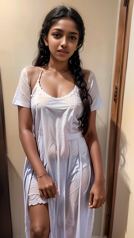 sexy school girl, she is very attractive, sexy, , pointy face, smiling at viewer, sri lankan girl, small_breasts, erect nipples,stand, Full body view.