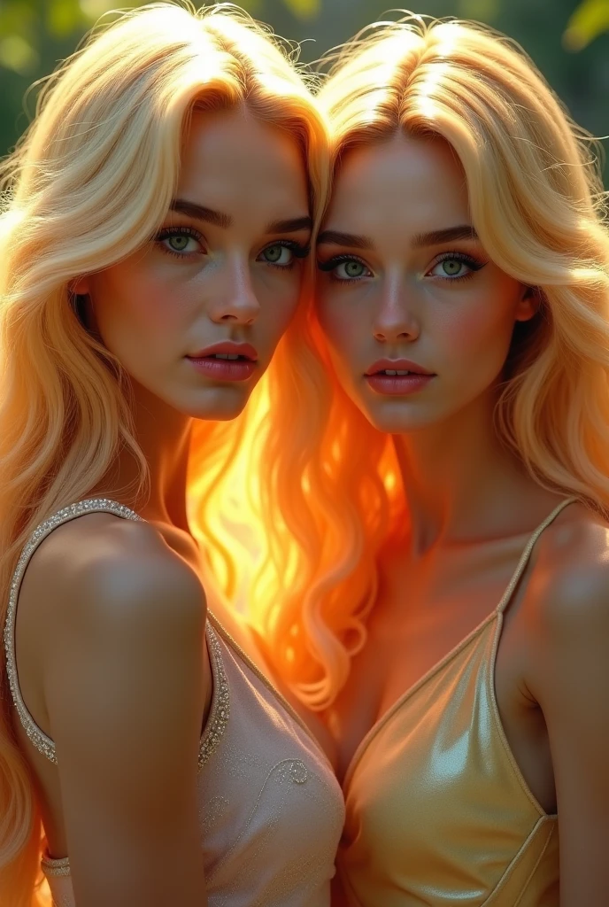 ultra realistic professional from back, looking to camera   ((( 2 lady, one redhair the second blonde hair  )))  (photo 1028k qhd) by (James C. Christensen:1.2|Jeremy Lipking:1.1), (Dittmann Anna:0.3), (jiner:0.3), (mise au point nette:1.3) lndswgnr,High detail, instagram top model,blonde hair, beautiful detailed baby blue eyes, k eyes,(eye (eye makeup: 1.2) sleeping Pose of the Instagram model, perfect button nose, attractive lip shape has an upper-to-lower lip ratio of 1:2, perfect ivory skin confiant, (((anatomycally perfect 25 old ladie hand,finger, nail))),fille en forme Fille maigre et sexy, breast:1.2, anatomie parfaite, Perfect symmetry:1.2, Realstic position, realistic and gorgeous face:1.2, perfect face, highly detailled, happy, confident, ighting cinematic, Lighting scene, soft lights, instagram standing pose (((baby blue eyes,, Fille maigre et sexy, breast:1.2 perfect charming face, attractive lip and nose,  2 woman one res hair one blonde hair hugging each other wearing yellow transparent dress near lake, romantic view , laying. Together 