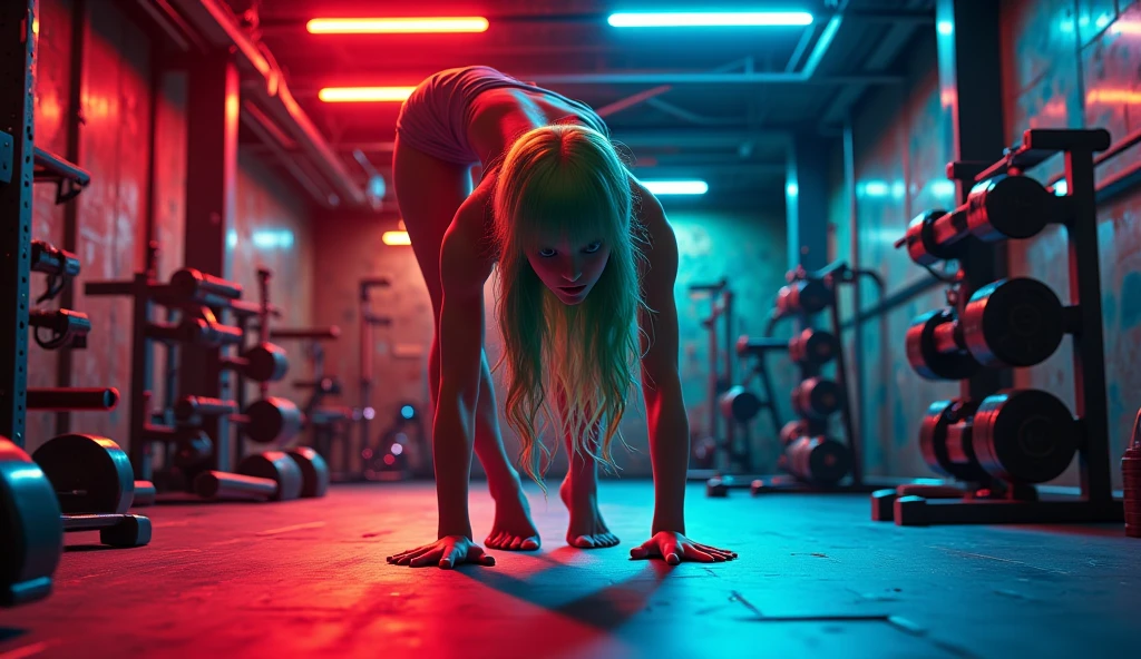 Blonde Russian girl 20 years old. Sexy woman in sports sexy clothes, sports torn pink top, sports blue leggings to the knee. Large breasts, curvy medium shapes, pumped up buttocks, 15% fat, 3 breast size, Photo taken from the front, lens 1.4 G master 80mm. She is wearing sneakers. Tousled hair. bright blue eyes. stands in a push-up position, looks ahead with a dramatic expression on her face, drops of water dripping from her face. Photo taken from the front, the model looks ahead, pink sneakers, High resolution image. Realistic image, empty hall on the floor gray parquet, on the right floor mirrors, in the background on the wall a neon purple ring with a diameter of 1.5 meters, full-length image, super detailed skin. dramatic light. (((best quality))), -- super realistic-