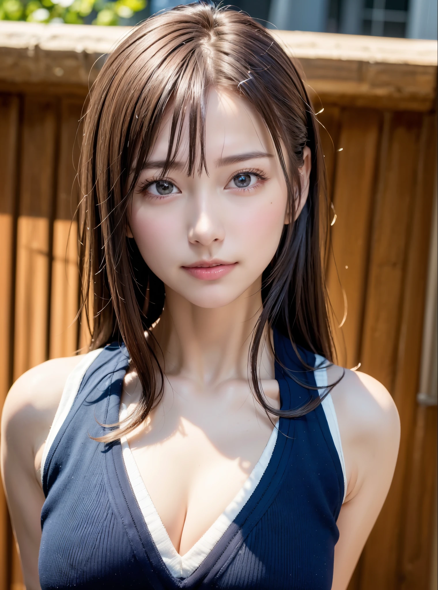 8k, highest quality, on the table:1.2), (actual, Realism:1.3), highest quality, on the table, beautiful young woman, A pensive expression, A thoughtful look, Competitive swimmer、swimsuit、Hair tied behind the head, background, light skin tone、moist skin