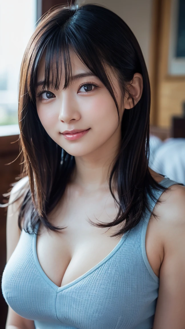 Highest quality, shape, Very detailed, finely, High resolution, 8k wallpaper, Perfect dynamic shape, Beautiful and detailed, Summer clothes,Medium Hair,Natural color lip,smile,20-year-old girl、Midnight、Beautiful and elaborate face、Perfect and beautiful face、Slim face and figure,Spread your arms wide,Big eyes,Lift your head from your knees and take a photo、Small face、Beautifully detailed face、Perfect and beautiful double eyelids、Big cleavage、length, Thin legs、One Woman、gravure、Skinny jeans、Observe the audience、Run