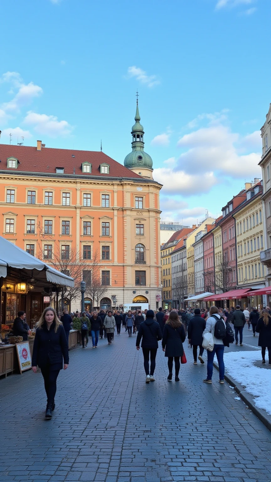 High quality image、Vienna image、People in a square in the city center々and images of shoppers coming and going、Colorful buildings around the square、cobblestone road、under the blue sky、There is only a little bit of snow left