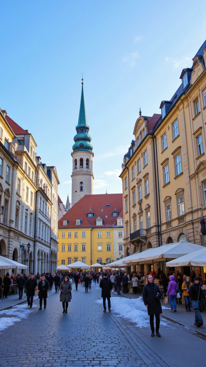 High quality image、Vienna image、People in a square in the city center々and images of shoppers coming and going、Colorful buildings around the square、cobblestone road、under the blue sky、There is only a little bit of snow left