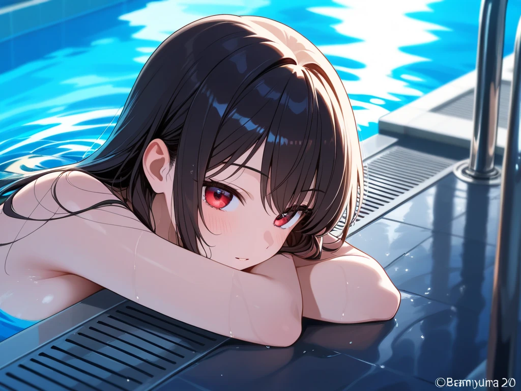 Top quality, masterpiece, woman, short bob black hair, red eyes, black hole trompe l'oeil design swimsuit, night sea, Sucking Black Hole